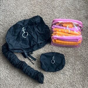 Black Hair Dryer Bonnet with Pink and Orange Curlers